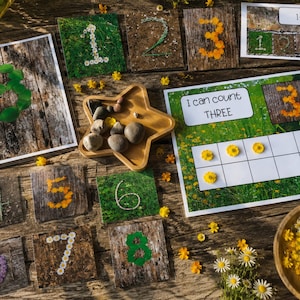 Op de afbeelding: Houten educatieve telset met de cijfers 1-8, elk versierd met bloemen of bladeren. Een stervormige houten schaal bevat kleine stenen. Een kaart leest "I can count THREE". Madeliefjes en gele bloemen zijn verspreid.