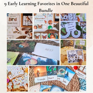 Op de afbeelding: Een verzameling leermiddelen voor jonge kinderen, waaronder puzzels, flashcards en telactiviteiten. De afbeelding toont diverse educatieve hulpmiddelen met kleurrijke illustraties van vogels, vlinders en vormen. Tekst bevat "Bird Number Puzzles" en "Can you trace this letter?"