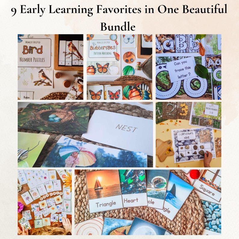 Op de afbeelding: Een verzameling leermiddelen voor jonge kinderen, waaronder puzzels, flashcards en telactiviteiten. De afbeelding toont diverse educatieve hulpmiddelen met kleurrijke illustraties van vogels, vlinders en vormen. Tekst bevat "Bird Number Puzzles" en "Can you trace this letter?"