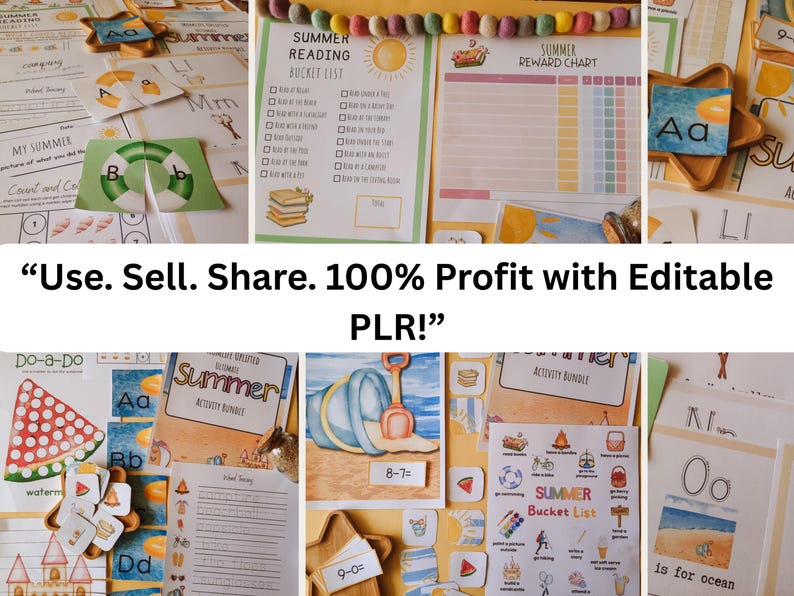 May include: A selection of summer-themed educational printables, including a reading bucket list, reward chart, and activity bundle. The materials feature colourful illustrations and the text "Use. Sell. Share. 100% Profit with Editable PLR!"
