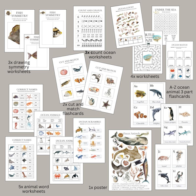May include: A set of printable ocean-themed educational worksheets and flashcards for kids. The set includes activities like counting, coloring, matching, and word recognition. The illustrations feature colorful watercolor drawings of various ocean animals.