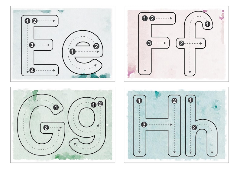 Puede incluir: Hoja de trazado para aprender las letras E, e, F, f, G, g, H y h. Las letras est&aacute;n delineadas con n&uacute;meros para mostrar el orden de los trazos para trazar.