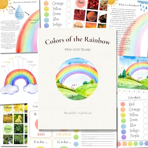 May include: Educational materials featuring rainbow-themed illustrations. The central image is a booklet titled "Colors of the Rainbow" with a watercolor rainbow design. Additional pages show color matching activities and rainbow formation diagrams.