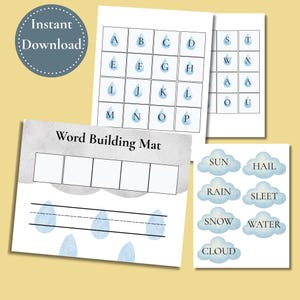 May include: A set of educational printables for children, including an alphabet chart with raindrop designs, a word-building mat, and cloud-shaped weather word cards. The phrase "Instant Download" is in a circle. The word building mat has the text "Word Building Mat".