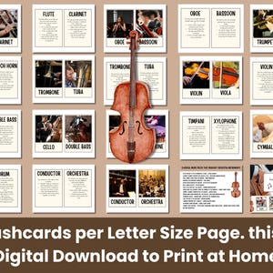 Pu&ograve; includere: Download digitale di schede didattiche che illustrano strumenti orchestrali. Ogni scheda mostra uno strumento, un'immagine e del testo. Strumenti: flauto, clarinetto, tromba, corno francese, violoncello, contrabbasso, ecc. Include un violino.
