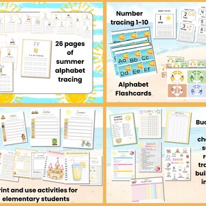 May include: A collection of summer-themed educational printables for elementary students. Includes alphabet tracing, number tracing, alphabet flashcards, matching cards, bucket lists, chore charts, and reading trackers. The text says "26 pages of summer alphabet tracing".