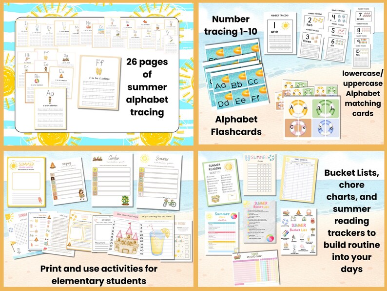 May include: A collection of summer-themed educational printables for elementary students. Includes alphabet tracing, number tracing, alphabet flashcards, matching cards, bucket lists, chore charts, and reading trackers. The text says "26 pages of summer alphabet tracing".