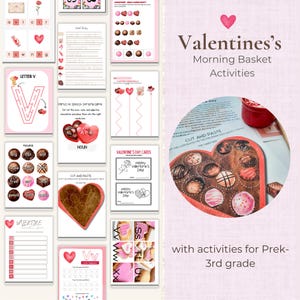 May include: A collection of Valentine's Day-themed activity sheets for PreK-3rd grade. The sheets feature various exercises, including letter tracing, word games, and cut-and-paste activities. The color palette is primarily pink and white, with illustrations of hearts and chocolates.