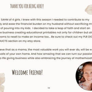 May include: A cream-coloured graphic with text that reads "THANK YOU FOR BEING HERE!!" and "WELCOME FRIEND!". The image also includes a photo of a woman and floral illustrations. The text describes an online business.