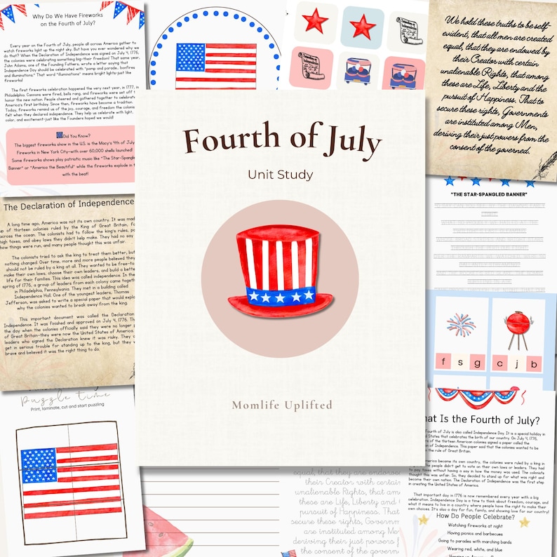 K&ouml;nnte beinhalten: Ein Fourth of July Unterrichtspaket mit einem zentralen Deckblatt, das eine Illustration eines rot-wei&szlig;-blauen Uncle Sam Hutes zeigt. Die Sammlung enth&auml;lt mehrere Seiten mit historischen Texten, Flaggendarstellungen und thematischen Aktivit&auml;ten.