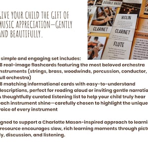 Pu&ograve; includere: Set educativo per bambini con flashcard di strumenti orchestrali. Include 18 flashcard con immagini reali, schede informative abbinate e una lista di ascolto. Il testo recita: "DA A TUO FIGLIO IL DONO DELL'APPREZZAMENTO MUSICALE - GENTILMENTE E BELLO."