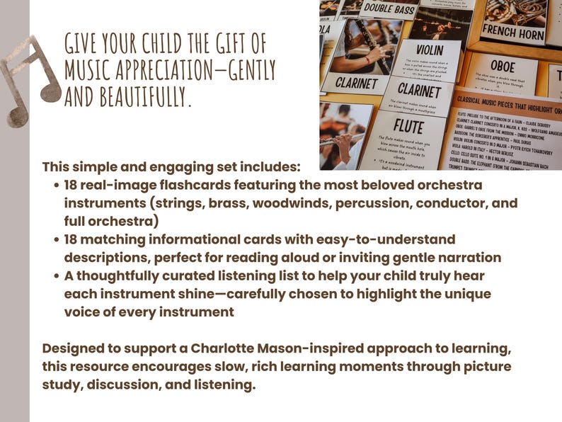 Pu&ograve; includere: Set educativo per bambini con flashcard di strumenti orchestrali. Include 18 flashcard con immagini reali, schede informative abbinate e una lista di ascolto. Il testo recita: "DA A TUO FIGLIO IL DONO DELL'APPREZZAMENTO MUSICALE - GENTILMENTE E BELLO."