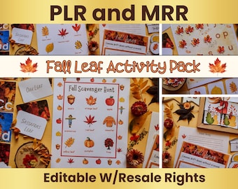 May include: A collection of fall-themed educational materials. The image features a "Fall Leaf Activity Pack" with various printables, including a scavenger hunt, leaf identification cards, and other autumn-related activities. The text "Editable W/Resale Rights" is also visible.