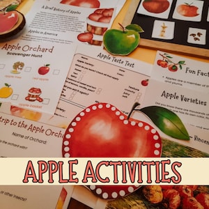 May include: A collection of apple-themed educational materials, including worksheets, cutouts, and a chalkboard with apple illustrations. The image features the text "Apple Activities" and various apple-related activities.