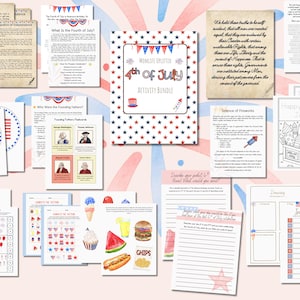 K&ouml;nnte beinhalten: Eine Sammlung von p&auml;dagogischen Arbeitsbl&auml;ttern und Lernkarten zum Thema 4. Juli mit patriotischen rot-wei&szlig;-blauen Designs, Texten zur amerikanischen Geschichte, Ausmalbildern, Z&auml;hl&uuml;bungen und Schreibaufgaben f&uuml;r Kinder.
