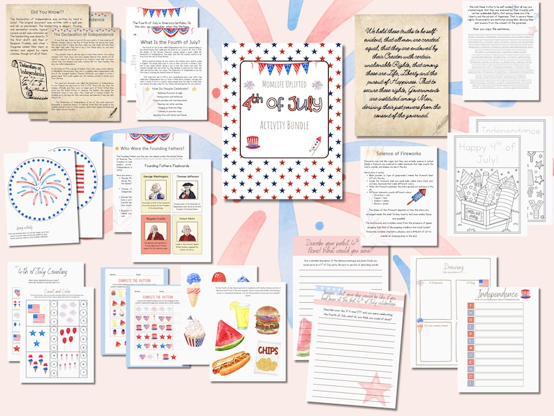 K&ouml;nnte beinhalten: Eine Sammlung von p&auml;dagogischen Arbeitsbl&auml;ttern und Lernkarten zum Thema 4. Juli mit patriotischen rot-wei&szlig;-blauen Designs, Texten zur amerikanischen Geschichte, Ausmalbildern, Z&auml;hl&uuml;bungen und Schreibaufgaben f&uuml;r Kinder.