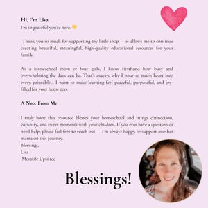 May include: A light pink background with text and a watercolor heart. The text reads "Hi, I'm Lisa" and "Blessings!" A photo of a woman is in the bottom right corner. The image is promoting educational resources.