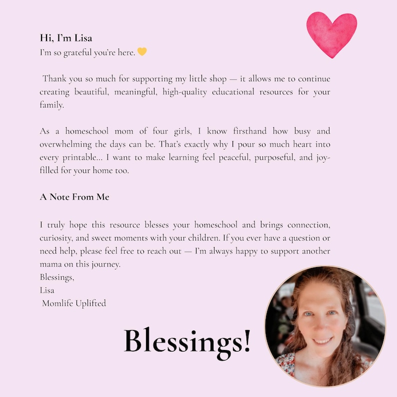 May include: A light pink background with text and a watercolor heart. The text reads "Hi, I'm Lisa" and "Blessings!" A photo of a woman is in the bottom right corner. The image is promoting educational resources.