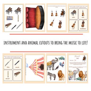 May include: A printable set of colorful cutouts for a musical themed craft project. The set includes images of musical instruments, animals, and a circus tent. The text "Movement to Finale" is included on one of the cutouts.