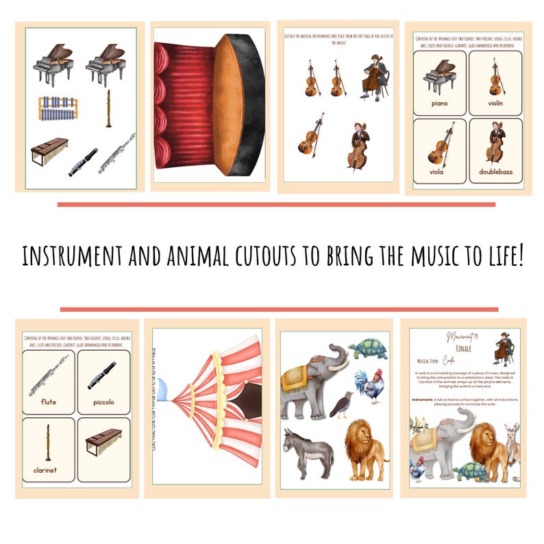 May include: A printable set of colorful cutouts for a musical themed craft project. The set includes images of musical instruments, animals, and a circus tent. The text "Movement to Finale" is included on one of the cutouts.