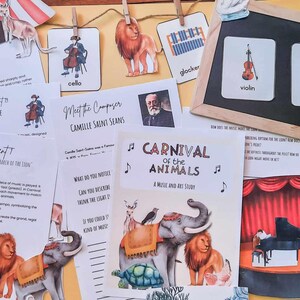 May include: A colorful set of printable educational materials for a music and art study of Camille Saint-Sa&euml;ns' Carnival of the Animals. The set includes a title page, composer information, animal facts, and musical movement descriptions. The images feature a lion, elephant, turtle, and other animals.