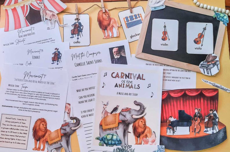 May include: A colorful set of printable educational materials for a music and art study of Camille Saint-Sa&euml;ns' Carnival of the Animals. The set includes a title page, composer information, animal facts, and musical movement descriptions. The images feature a lion, elephant, turtle, and other animals.