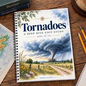 Op de afbeelding: Een spiraalgebonden educatief werkboek getiteld Tornadoes: A Deep Dive Unit Study voor 10- tot 14-jarigen. De omslag bevat een aquarelillustratie van een grote tornado boven een landelijk landschap met een zandpad en groene velden.