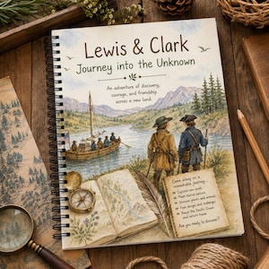 May include: A spiral-bound notebook featuring a watercolour illustration of Lewis and Clark on a journey. The cover displays a boat on a river, two figures, a compass, a map, and a feather. Text includes Lewis & Clark Journey into the Unknown.