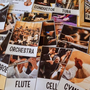 Pu&ograve; includere: Una collezione di schede didattiche con strumenti musicali e membri dell'orchestra. Le schede includono "Drum", "Orchestra", "Flute", "Cymbals" e "Tuba". Le schede presentano immagini degli strumenti e dei musicisti.