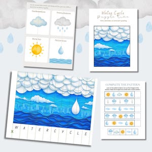 May include: Educational printables about the water cycle. Includes a puzzle, matching game, and pattern completion activity. The illustrations show clouds, rain, sun, and water in blue and yellow hues.