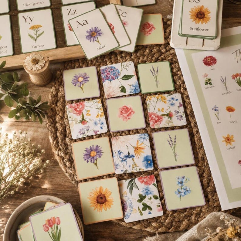 Op de afbeelding: Een verzameling educatieve kaarten en onderzetters met bloementhema. De kaarten bevatten botanische illustraties en het alfabet. De onderzetters tonen verschillende bloemen, waaronder zonnebloemen en lavendel. Het kleurenpalet omvat groen, geel en roze.