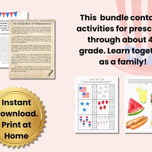 K&ouml;nnte beinhalten: Ein digitales Lernpaket f&uuml;r Vorschule bis zur 4. Klasse mit Arbeitsbl&auml;ttern zum 4. Juli, dem Text der Unabh&auml;ngigkeitserkl&auml;rung, Z&auml;hl&uuml;bungen und Essensillustrationen. Enth&auml;lt den Text: Instant Download. Print at Home.