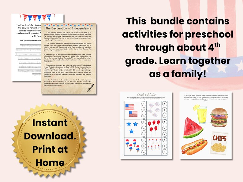 K&ouml;nnte beinhalten: Ein digitales Lernpaket f&uuml;r Vorschule bis zur 4. Klasse mit Arbeitsbl&auml;ttern zum 4. Juli, dem Text der Unabh&auml;ngigkeitserkl&auml;rung, Z&auml;hl&uuml;bungen und Essensillustrationen. Enth&auml;lt den Text: Instant Download. Print at Home.
