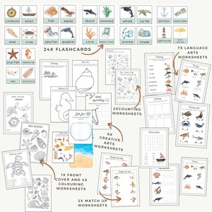 May include: A set of 24 ocean-themed flashcards, 6 creative arts worksheets, 2 counting worksheets, 2 match-up worksheets, 1 front cover and 4 coloring worksheets, and 7 language arts worksheets. The flashcards feature illustrations of sea creatures, objects, and activities. The worksheets include coloring pages, matching games, and word searches.