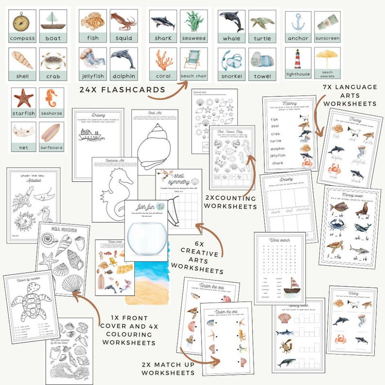 May include: A set of 24 ocean-themed flashcards, 6 creative arts worksheets, 2 counting worksheets, 2 match-up worksheets, 1 front cover and 4 coloring worksheets, and 7 language arts worksheets. The flashcards feature illustrations of sea creatures, objects, and activities. The worksheets include coloring pages, matching games, and word searches.