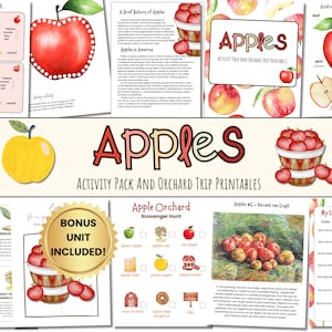 May include: A collection of printable educational materials about apples, including an apple taste test, anatomy diagrams, and an orchard scavenger hunt. The design features watercolor illustrations of apples and related imagery.