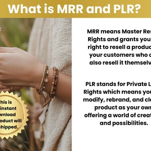 May include: Image with text: "What is MRR and PLR?" and definitions of Master Resale Rights and Private Label Rights. A hand holds daisies and wears multiple bracelets. A gold seal states "This is an instant download no product will be shipped."
