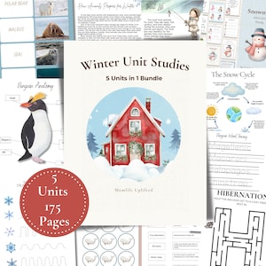 Pode incluir: Uma coleção de materiais educativos para estudos temáticos de inverno. A capa apresenta uma casa vermelha em uma paisagem nevada. Inclui páginas sobre anatomia de pinguins, o ciclo da neve e hibernação. O pacote contém 5 unidades e 175 páginas.