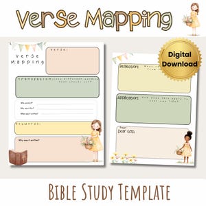 May include: Printable Bible study template with a floral design. The template includes sections for verse, translation, keywords, reflection, application, and prayer.