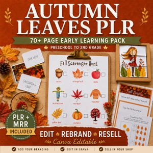 Op de afbeelding: Een educatief printbaar pakket genaamd Autumn Leaves PLR met een herfstspeurtocht-checklist met illustraties van een eikel, bladeren, appel, vogelverschrikker, trui, pompoen en boom, naast activiteitenbladen en een houten puzzelframe.
