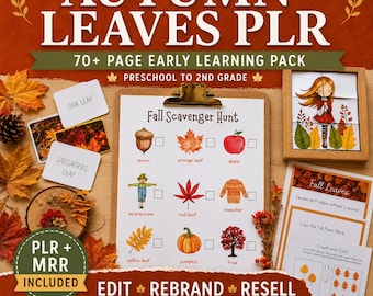 May include: An educational printable pack titled Autumn Leaves PLR featuring a Fall Scavenger Hunt checklist with illustrations of an acorn, leaves, apple, scarecrow, sweater, pumpkin, and tree, alongside activity sheets and a wooden puzzle frame.