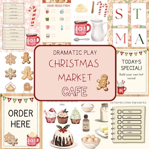 Puede incluir: Un conjunto de accesorios de juego imprimibles para un café de mercado navideño. El conjunto incluye un formulario de pedido de bebidas, un cartel de barra de chocolate caliente, una lista de ingredientes para galletas de jengibre, un cartel de café de mercado navideño y un cartel de pedido aquí. Los accesorios están decorados con colores y diseños navideños festivos.