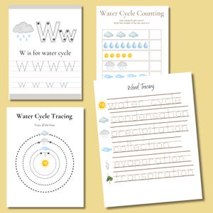 May include: Educational worksheets focused on the water cycle. The pages include the letter "W", counting exercises, and word tracing activities. Illustrations feature clouds, rain, and the sun, all in a soft, neutral colour palette.