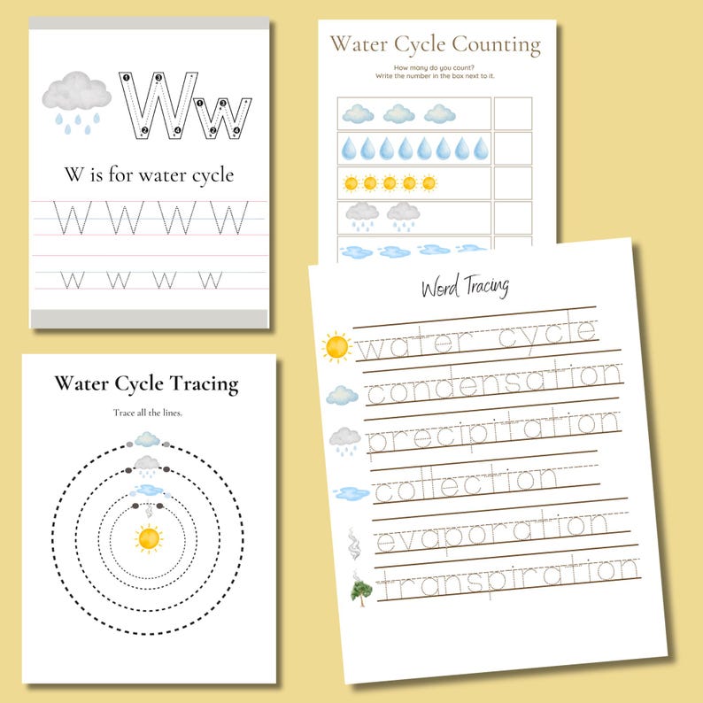 May include: Educational worksheets focused on the water cycle. The pages include the letter "W", counting exercises, and word tracing activities. Illustrations feature clouds, rain, and the sun, all in a soft, neutral colour palette.