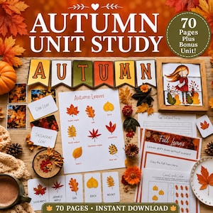 May include: An educational autumn unit study set featuring 70 pages of printable materials, including leaf identification charts, word tracing sheets, and a puzzle. The collection displays various fall-themed illustrations, text, and cards.