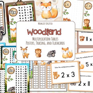May include: A collection of educational materials featuring woodland animal illustrations. Includes multiplication tables, flashcards, and tracing activities. The materials are designed with a colorful and engaging aesthetic, perfect for children's learning.