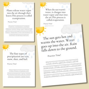 May include: Four white educational cards with watercolor illustrations of the water cycle. Each card features text about transpiration, evaporation, and precipitation, with a sun and cloud graphic. The cards are designed for practice.