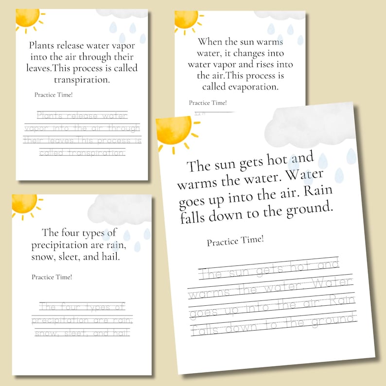 May include: Four white educational cards with watercolor illustrations of the water cycle. Each card features text about transpiration, evaporation, and precipitation, with a sun and cloud graphic. The cards are designed for practice.