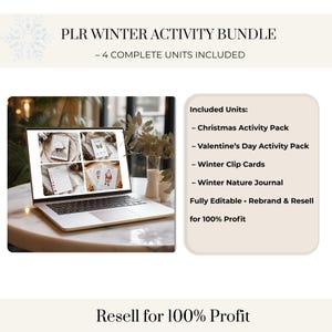Puede incluir: Un portátil muestra un paquete de actividades de invierno PLR, que incluye Navidad, San Valentín, tarjetas de clip de invierno y un diario de la naturaleza invernal. El texto indica que el paquete es totalmente editable y revendible con un 100% de beneficio.