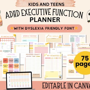 Puede incluir: Planificador de la función ejecutiva TDAH para niños y adolescentes, con una fuente amigable para la dislexia. Incluye 75 páginas de plantillas imprimibles para planes mensuales, revisiones semanales, metas y más. Editable en Canva.